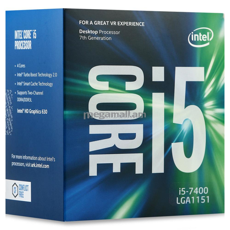 Intel Core i5-7400, 3.00ГГц, 4 ядра, 6МБ, LGA1151, BOX, BX80677I57400