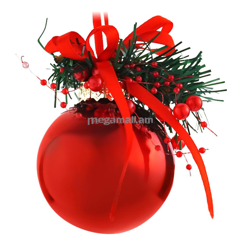B&H Шар новогодний, красный с елочной веткой, красными бусинами и лентой, d7 (BH1271-R)