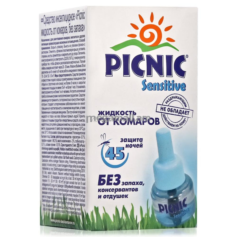 жидкость для фумигатора Picnic Sensitive от комаров 45 ночей, 30 мл, без запаха [4600104029967]