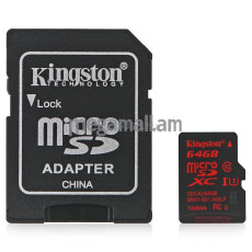 карта памяти TransFlash 64ГБ MicroSDXC Class 10 UHS-I 90R/80W Kingston, SDCA3/64GB, адаптер